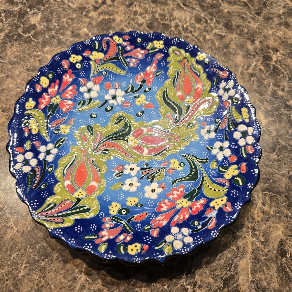 7" Turkish Polychrome‎ Hand Painted Ceramic Plate Floral Pattern Handmade Plate